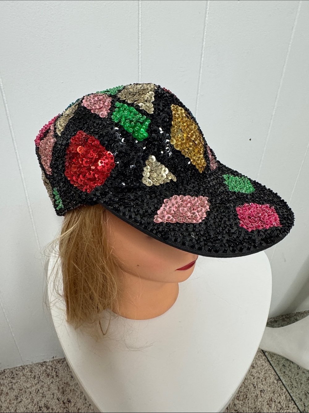 Vintage sequin hat ball cat black and multi color